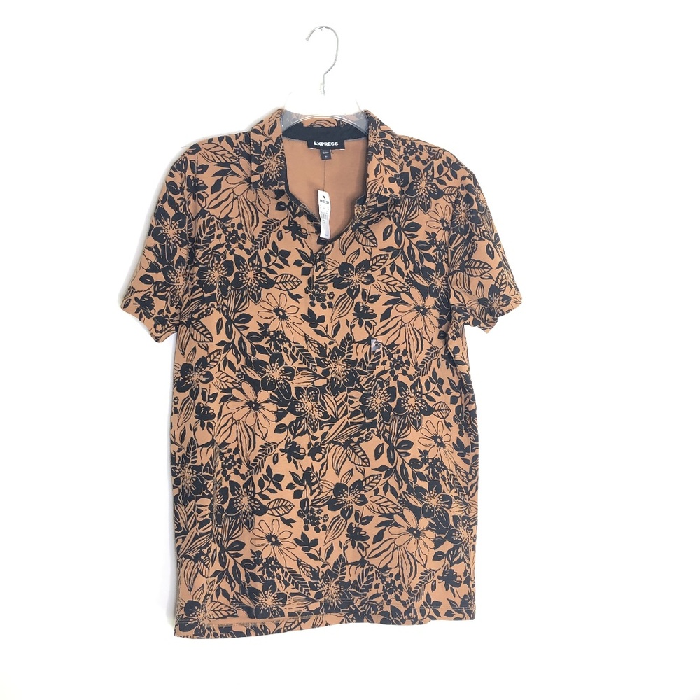 NWT EXPRESS Black/Rust Floral Print Polo Shirt -Medium
